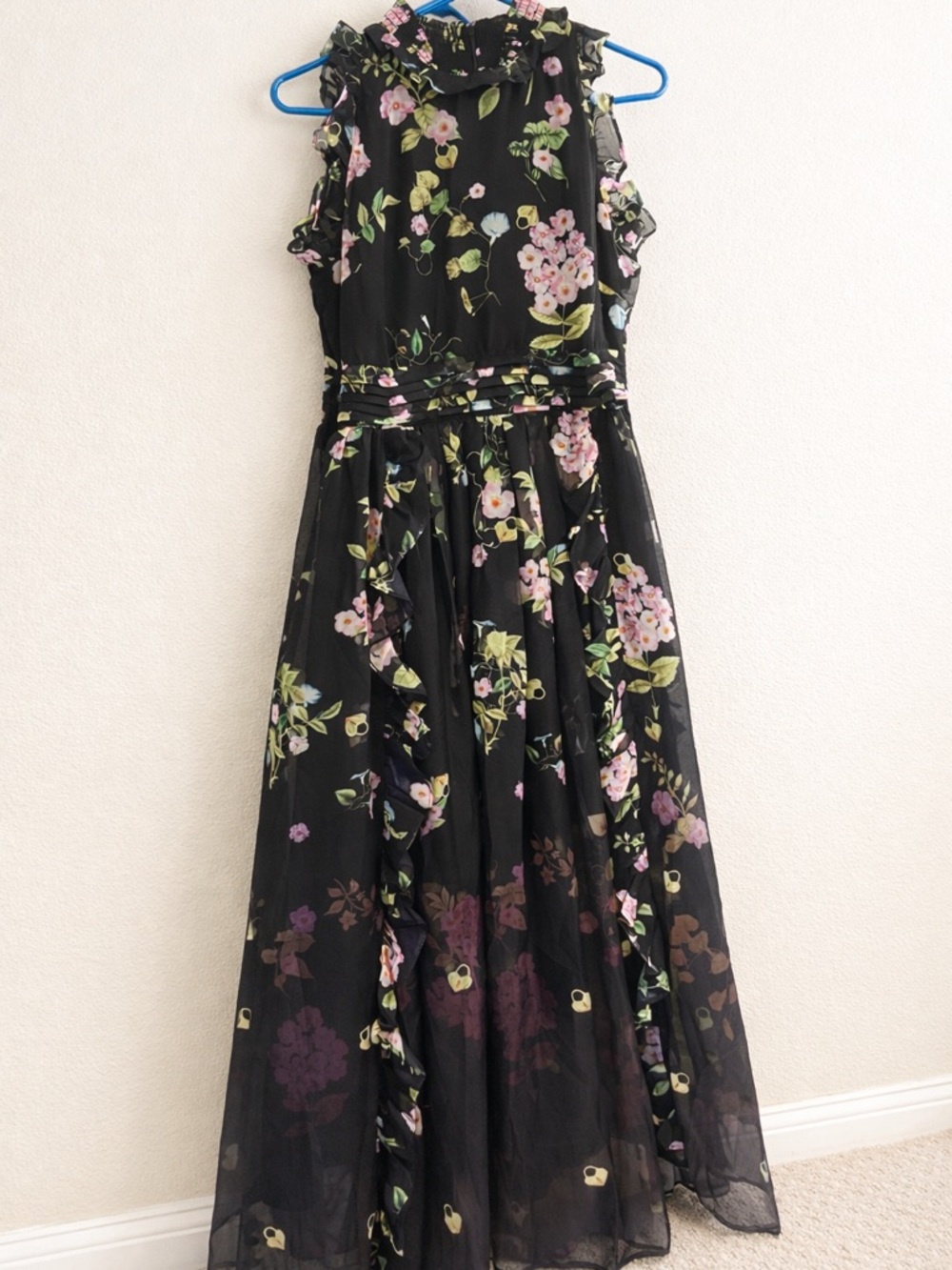 NWT BURRYCO Black Floral Chiffon Maxi Dress Size 6 Pink Blossom Ruffle Formal